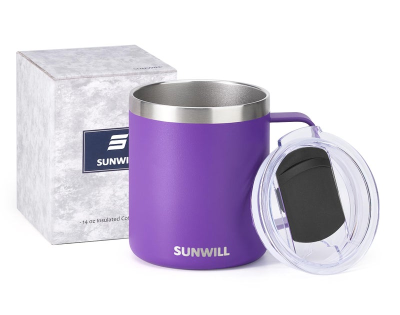 SUNWILL Insulated Coffee Mug with Lid, Travel Tumbler with Handle, 14 oz Stainless Steel Cup for Camping, Office, Home, Powder Coated Purple - Image 5